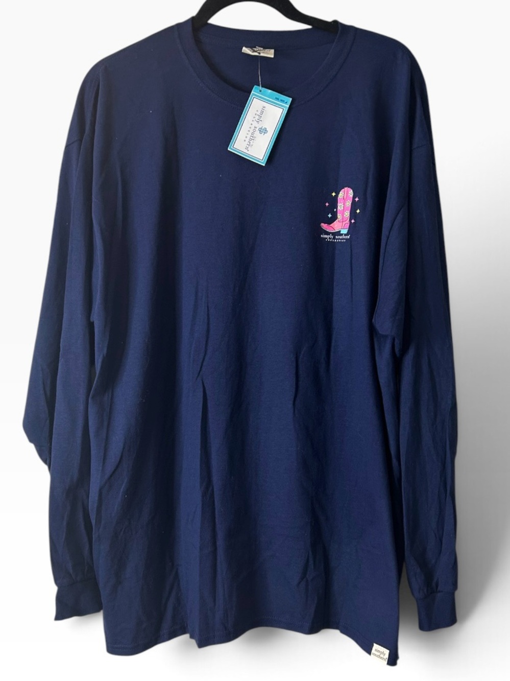 Simply Southern Walk By Faith Navy Long Sleeve T-Shirt Pink Cowgirl Boots Sz XL - Picture 4 of 4
